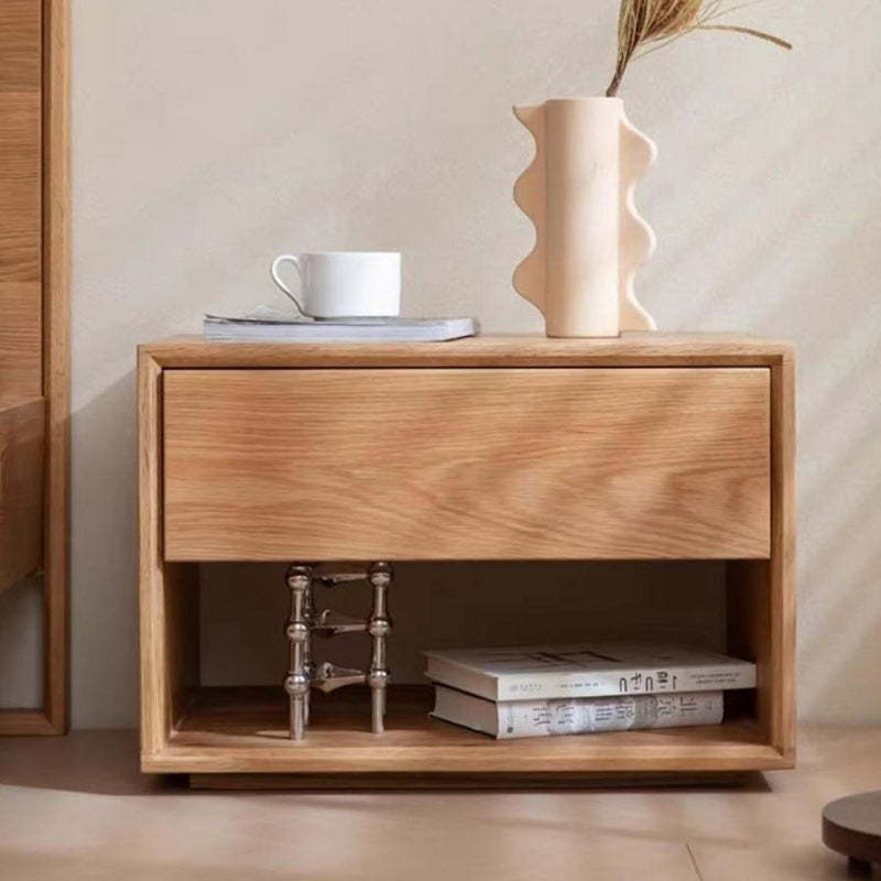 Chinese Square Wood 1-Drawer Nightstand — Walnut Color