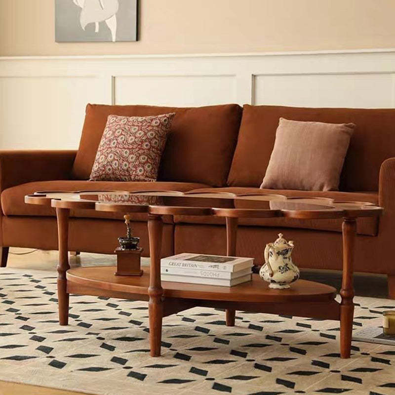 Vintage Elliptical Flower Wood Glass Coffee Table — B - Cherry Wood Color