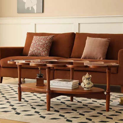 Vintage Elliptical Flower Wood Glass Coffee Table — B - Cherry Wood Color