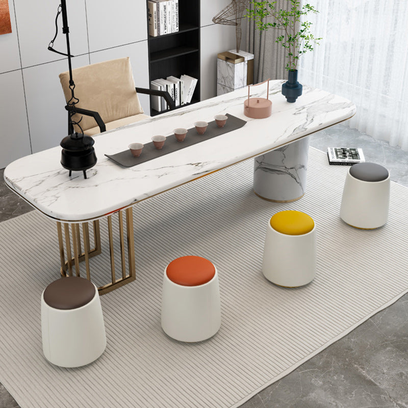 Minimalist Napa Leather Wood Round Vanity Stool — Gray