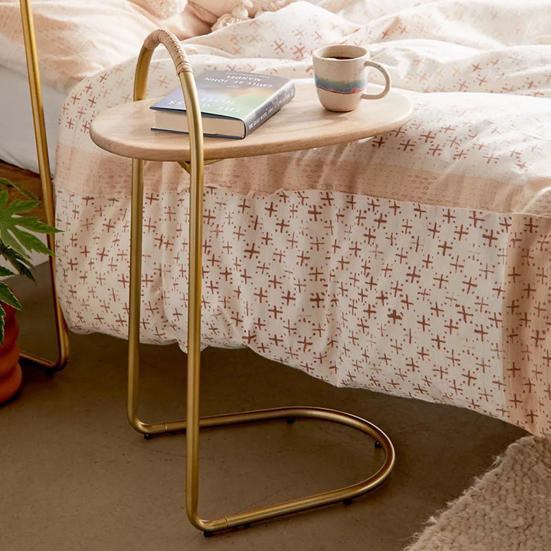 Minimalist Oval Curve Wood Metal End Table — Gold