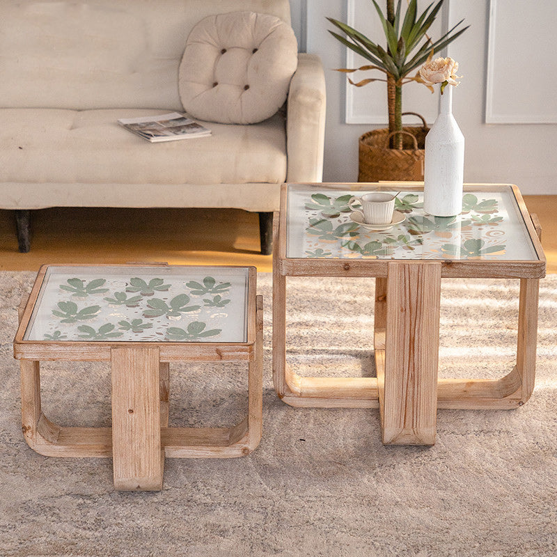 Scandinavian Square Glass Wood Coffee Table