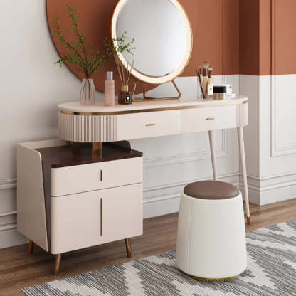 Minimalist Napa Leather Wood Round Vanity Stool