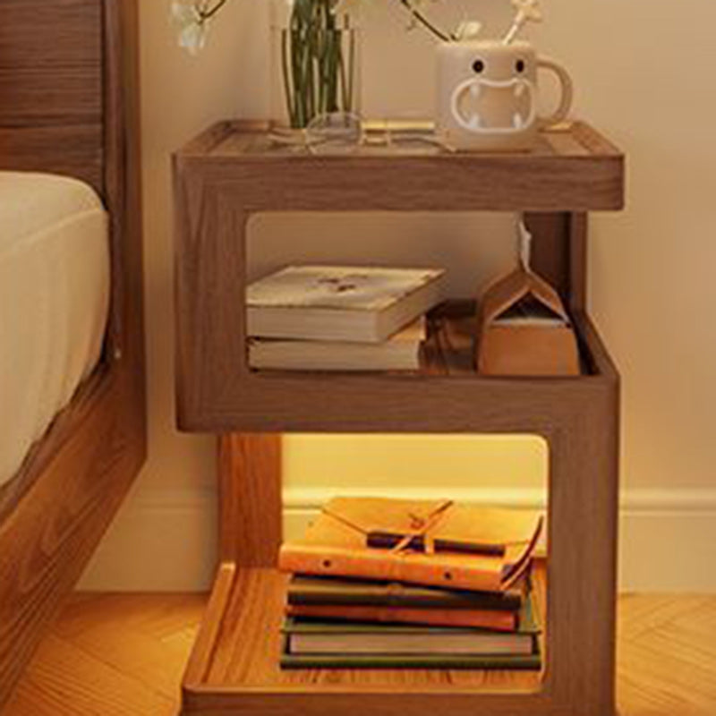 Minimalist Rubberwood Glass Nightstand — Original Wood Color