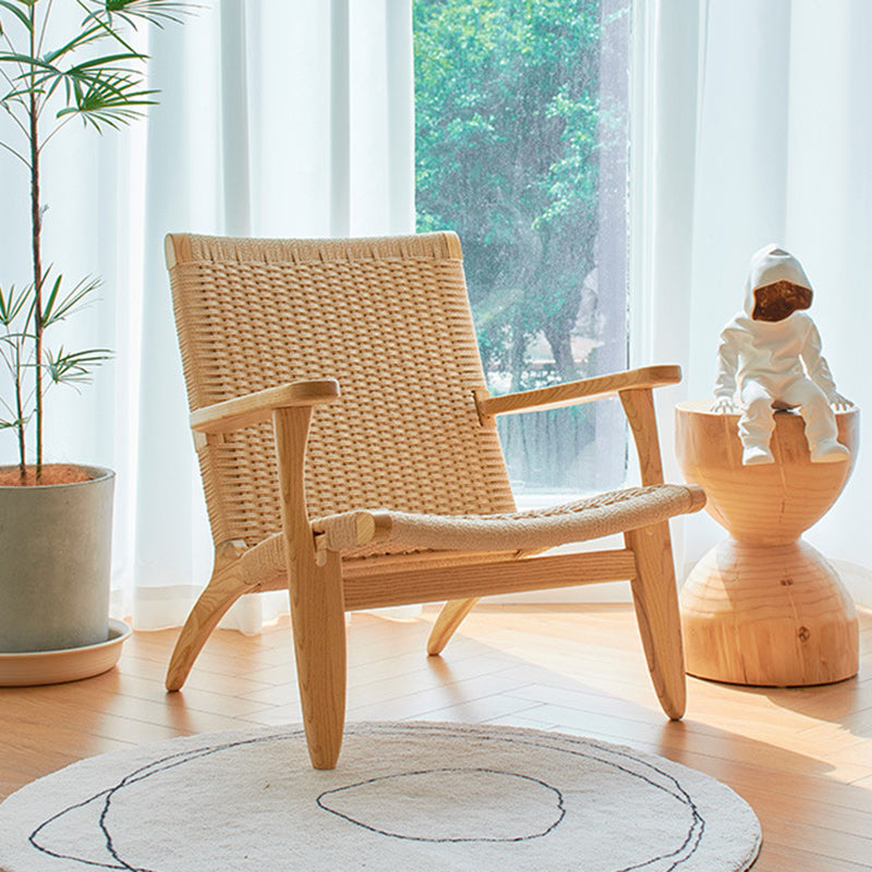 Scandinavian Rectangular Wood Rattan Armrest Chair