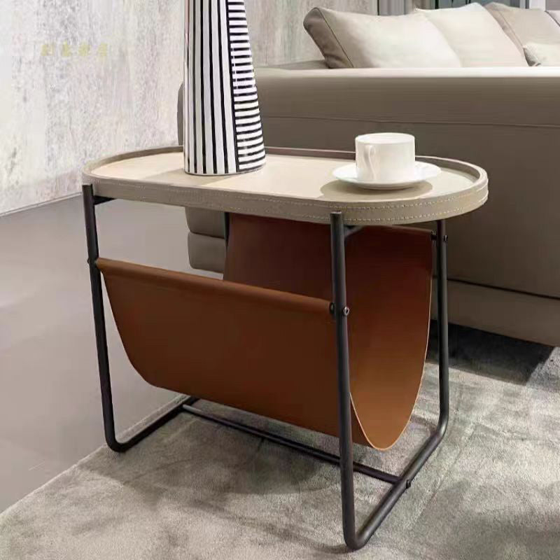 Oval Iron Leather Side Table