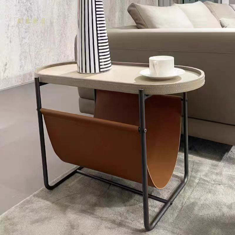 Oval Iron Leather Side Table