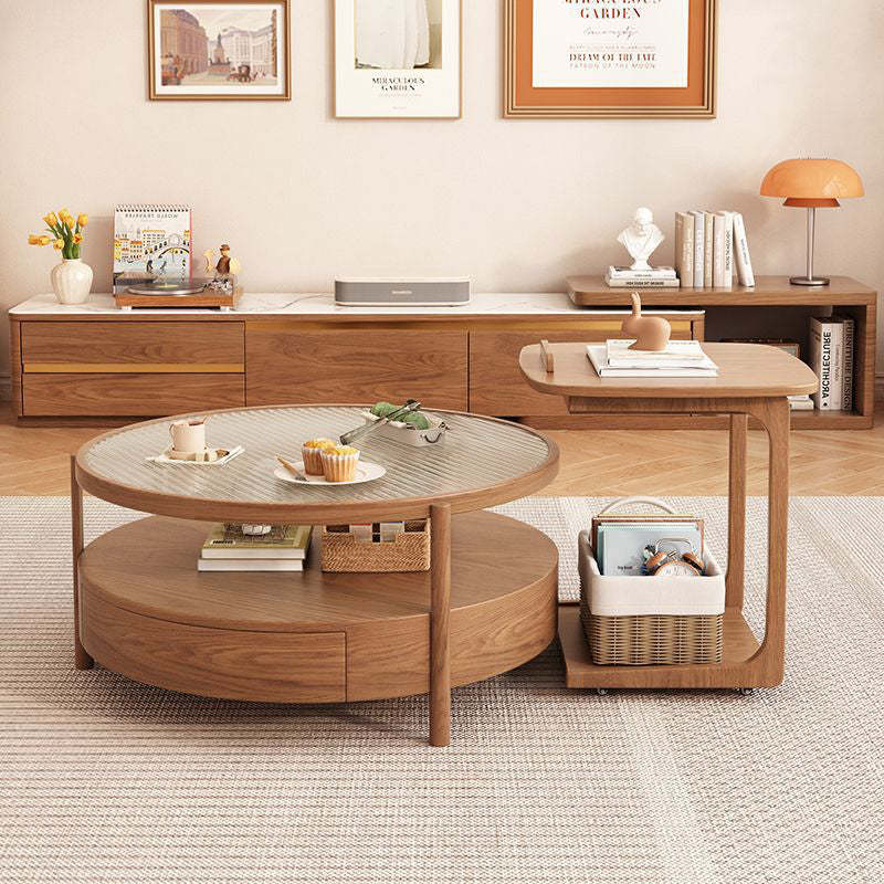 Japanese Glass Wood 2-Tier End Table