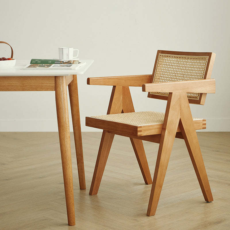 Japanese Rattan Wood V-Frame Dining Chair — Imitation Rattan / Walnut Color