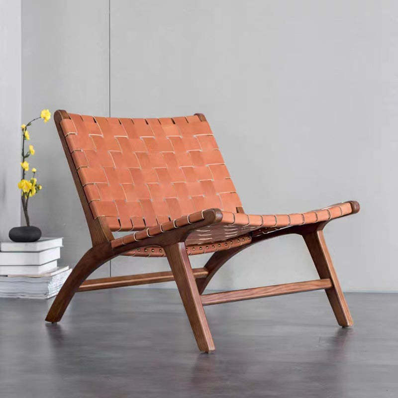 Retro Ash Wood Saddle Leather Accent Chair — Accent Chair - With Arm / Walnut Color