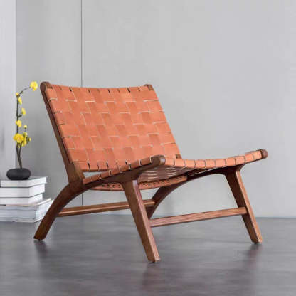 Retro Ash Wood Saddle Leather Accent Chair — Accent Chair - With Arm / Walnut Color