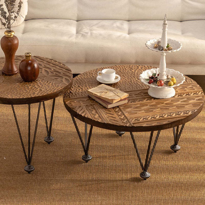 Rustic Round Solid Wood Iron Coffee Table
