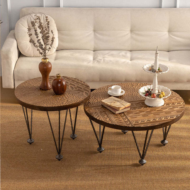 Rustic Round Solid Wood Iron Coffee Table
