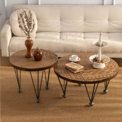 Rustic Round Solid Wood Iron Coffee Table