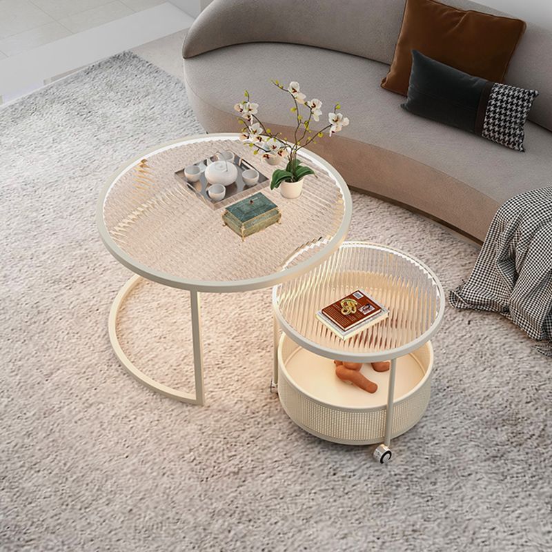 Nordic Glass Metal Round Movable Coffee Table 2-Tier — White & Transparent Table Top - Movable & With Light