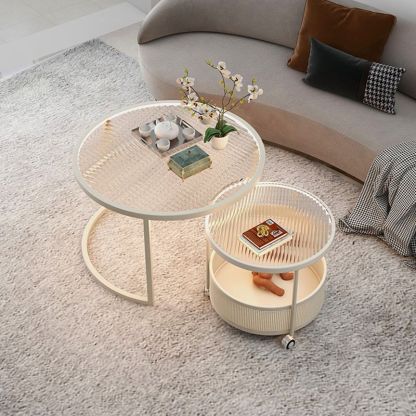Nordic Glass Metal Round Movable Coffee Table 2-Tier — White & Transparent Table Top - Movable & With Light