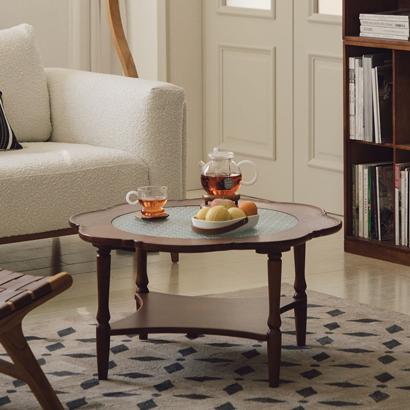 Retro Flower Wood Glass Coffee Table