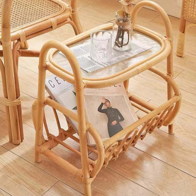 Japanese Woven Rattan Glass Side Table