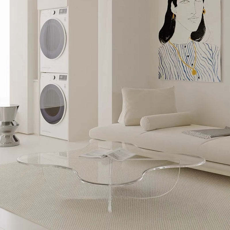 Minimalist floral cross coffee tables in acrylic wood