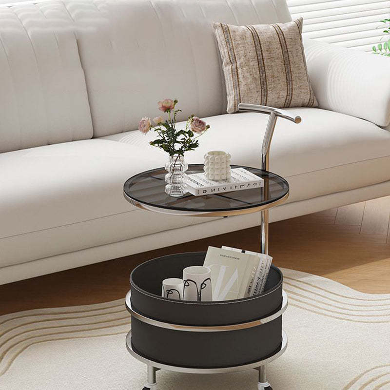 Contemporary Luxury Steel Glass 2-Tier End Table — Black
