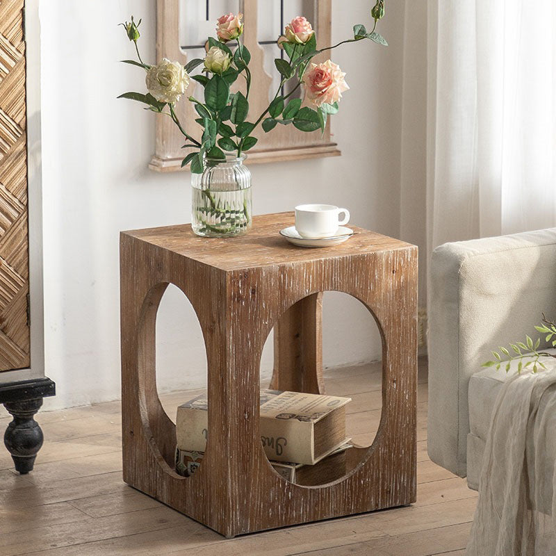 Japanese Rectangular Wood 2-Tier End Table