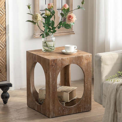 Japanese Rectangular Wood 2-Tier End Table