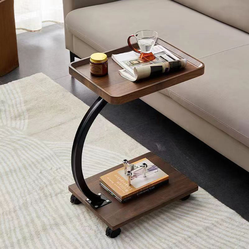 Chinese Round Wood Marble Iron 2-Tier End Table — Square / Walnut Color