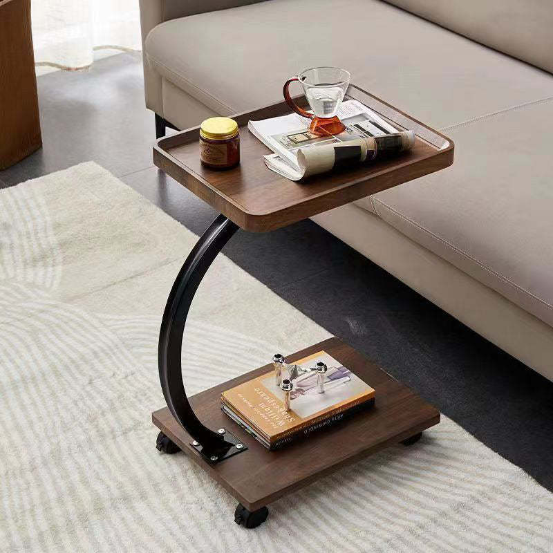 Chinese Round Wood Marble Iron 2-Tier End Table — Square / Walnut Color