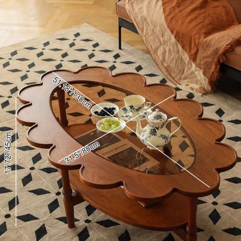 Vintage Elliptical Flower Wood Glass Coffee Table