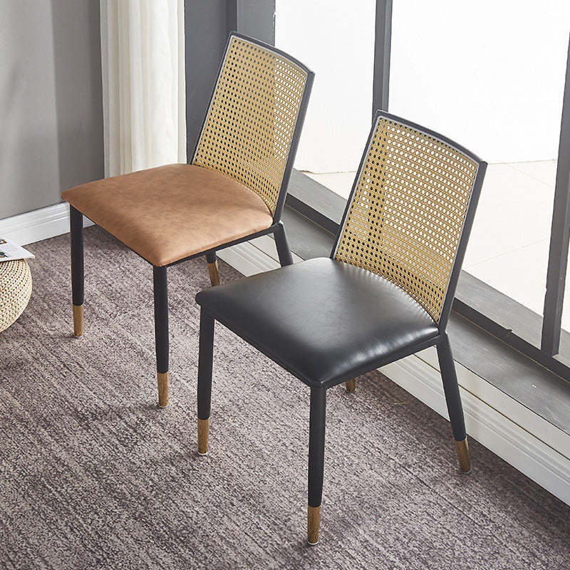 Scandinavian Bent Leather Bamboo Rattan Dining Chair — Beige