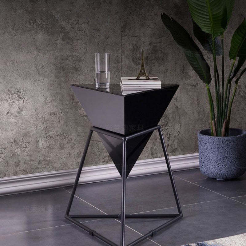 Modern Iron Rock Panel Triangle Side Table 1-Tier — White Cabinet + Gold Shelf & Iron Panel