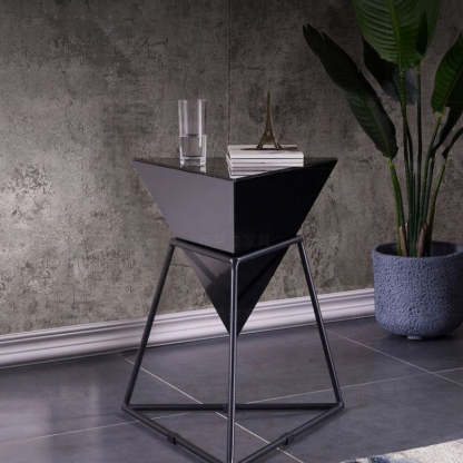 Modern Iron Rock Panel Triangle Side Table 1-Tier — White Cabinet + Gold Shelf & Iron Panel