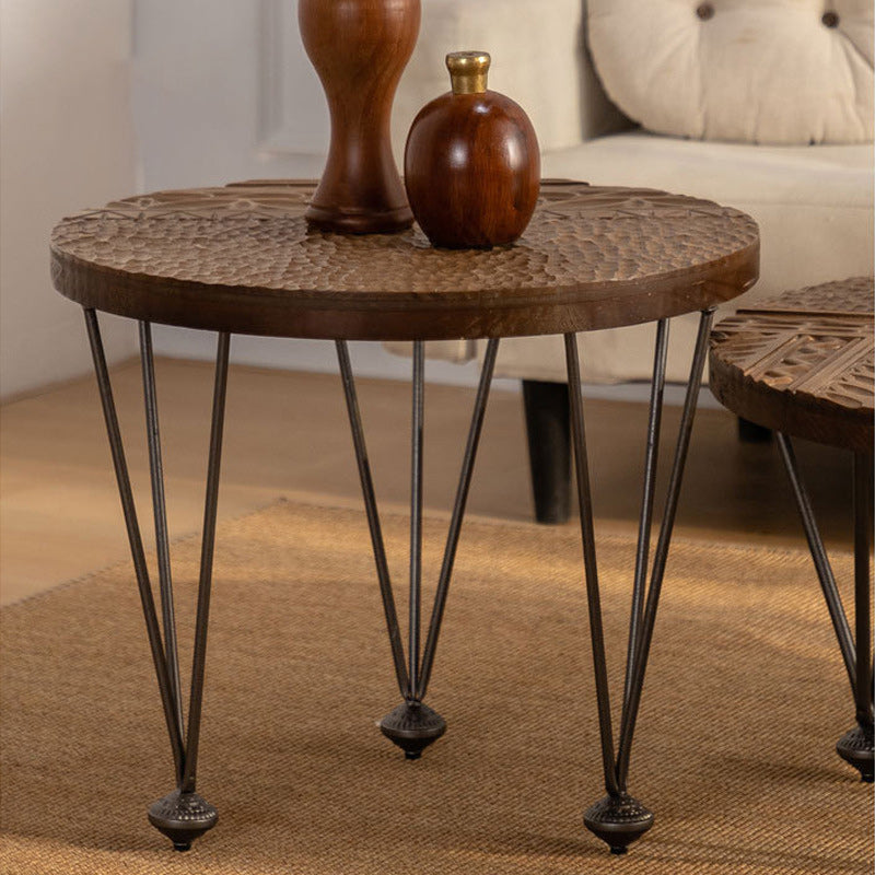 Rustic Round Solid Wood Iron Coffee Table