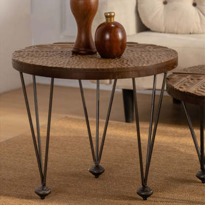 Rustic Round Solid Wood Iron Coffee Table