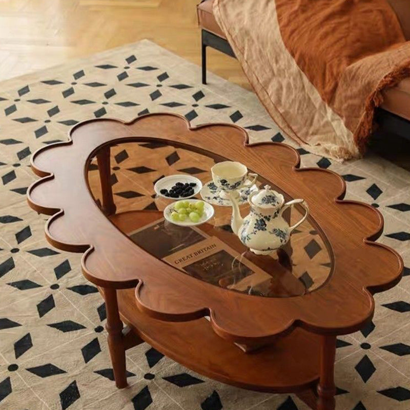 Vintage Elliptical Flower Wood Glass Coffee Table — A - Cherry Wood Vintage Color