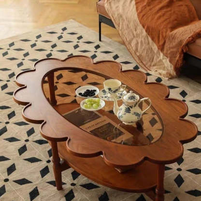 Vintage Elliptical Flower Wood Glass Coffee Table — A - Cherry Wood Vintage Color