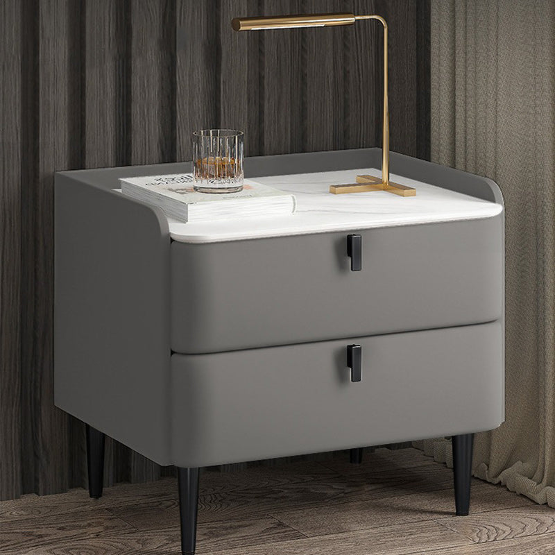 Modern Leather Pine Wood Carbon Steel Nightstand 2-Drawer