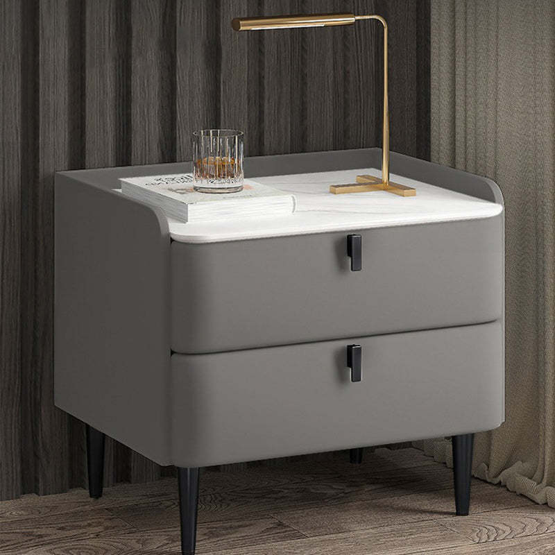 Modern Leather Pine Wood Carbon Steel Nightstand 2-Drawer