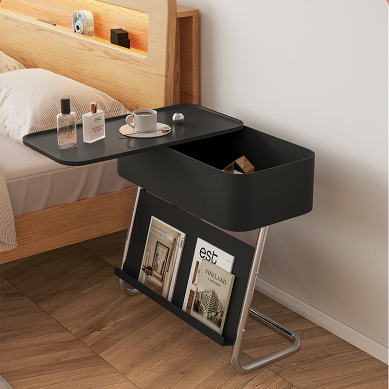 Minimalist Stainless Steel Swivel Nightstand 1-Cabinet — With Wheels / Carbon Steel / White Table Top & Silver Frame
