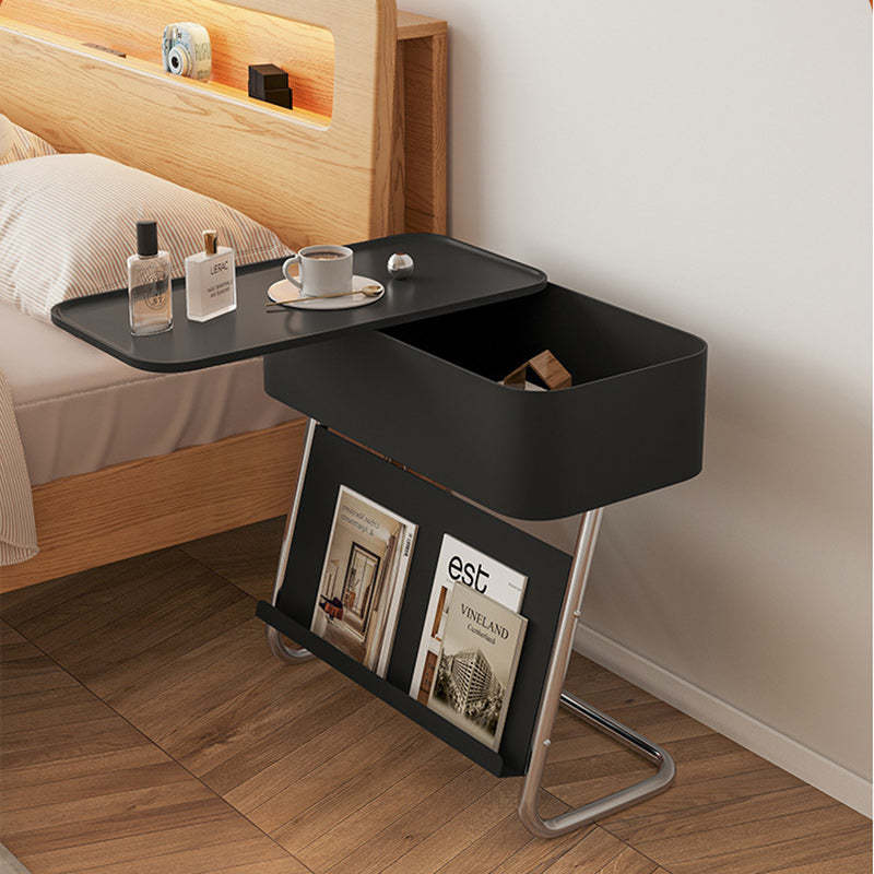 Minimalist Stainless Steel Swivel Nightstand 1-Cabinet — With Wheels / Carbon Steel / White Table Top & Silver Frame