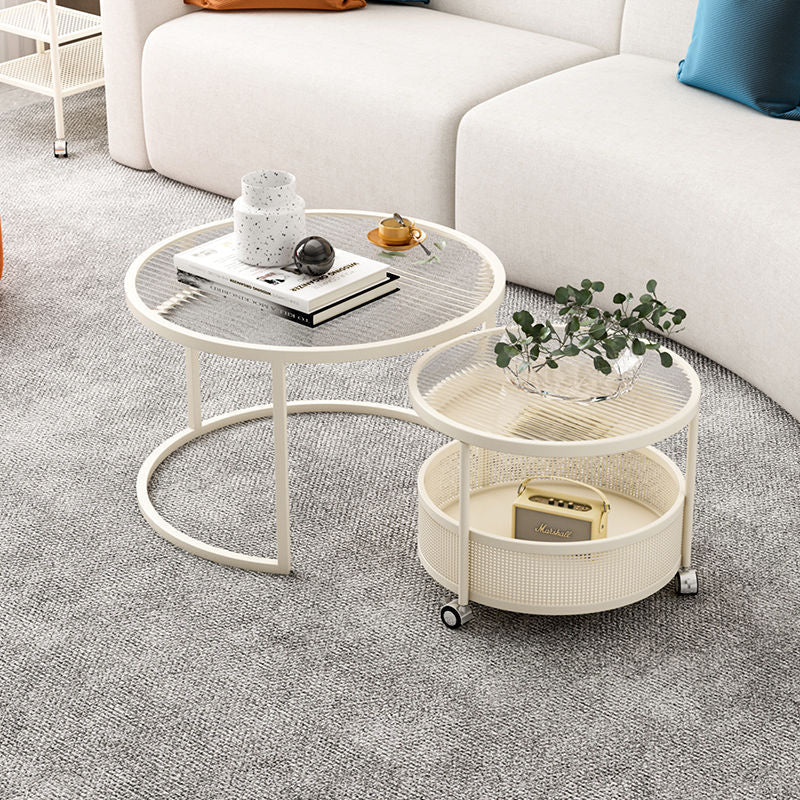 Nordic Glass Metal Round Movable Coffee Table 2-Tier — Black Frame & Transparent Table Top - Movable