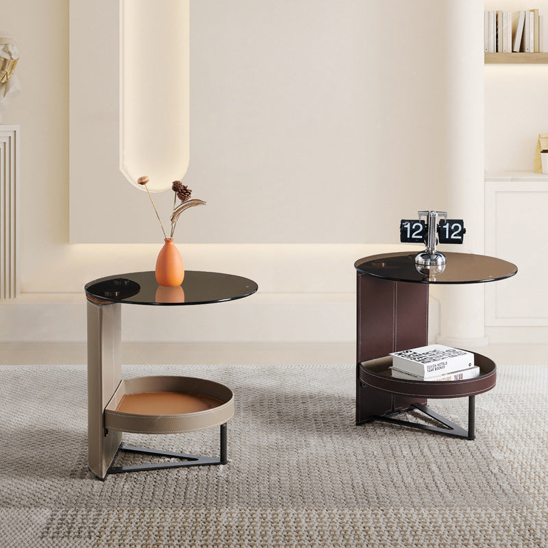 Minimalist Glass Leather Metal End Table 1-Storage