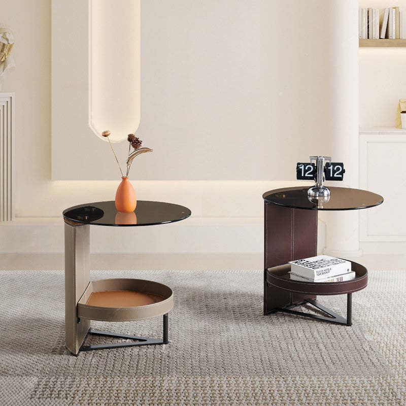 Minimalist Glass Leather Metal End Table 1-Storage — Gray
