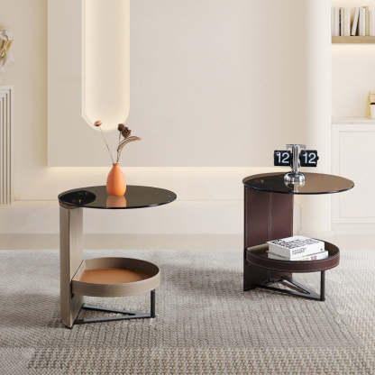 Minimalist Glass Leather Metal End Table 1-Storage — Gray