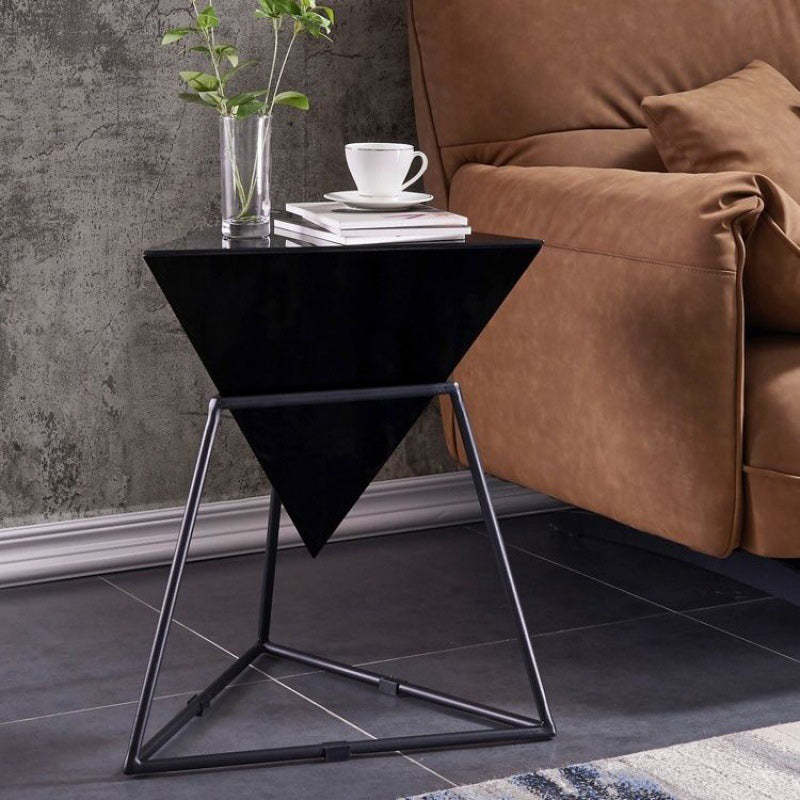 Modern Iron Rock Panel Triangle Side Table 1-Tier — White Cabinet + Black Shelf & Rock Panel