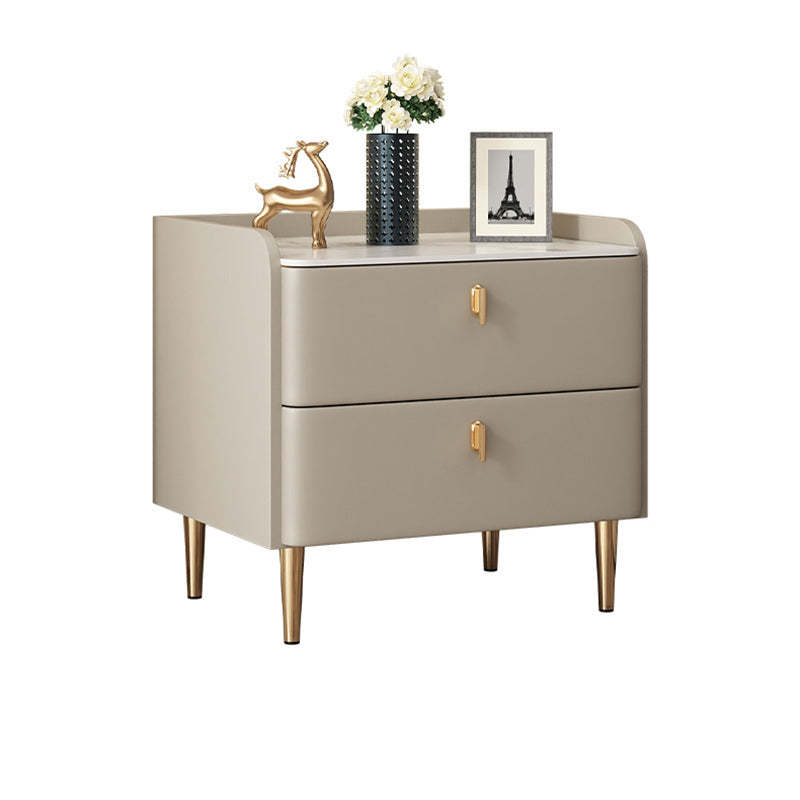 Minimalist Leather Wood Rock Plate Nightstand 2-Drawer
