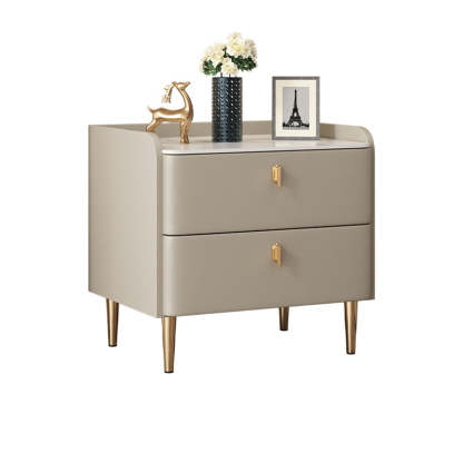 Minimalist Leather Wood Rock Plate Nightstand 2-Drawer