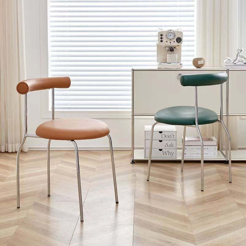 Scandinavian Leather Round Arc Dining Chair — Chrome / Beige