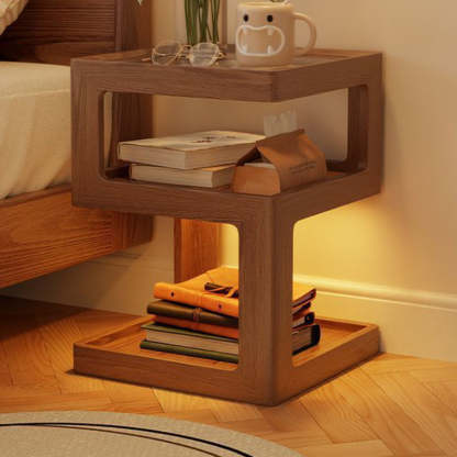 Minimalist Rubberwood Glass Nightstand