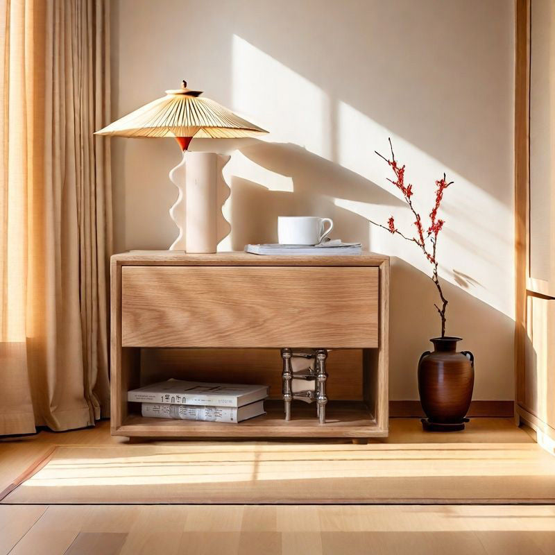 Chinese Square Wood 1-Drawer Nightstand